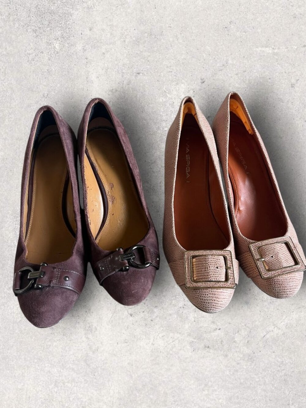 Lot of 2 Designer Wedges: Coach Brown Suede & Via Spiga Rose Gold (Size 6)